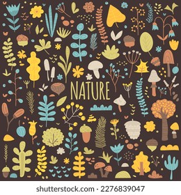 Naturaleza, estaciones, primavera, verano. Gran colección de elementos botánicos naturales. Conjunto de hojas, flor, árbol, setas, bayas, bellota, cono, nuez, hierbas y ramas. Ilustración plana dibujada a mano por el vector