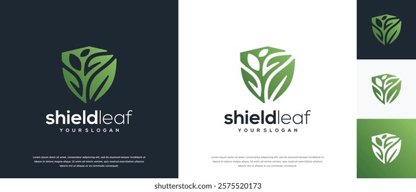 Nature security shield logo design. Vector icon of shield logo design with nature leaf.