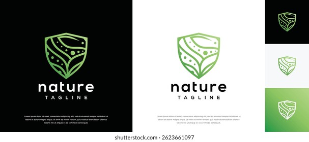 Projeto do logotipo do escudo de segurança da natureza. Ícone de vetor de design de logotipo de escudo com folhas.