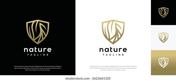 Nature security shield logo design. Shield logo design vector icon with leaves.