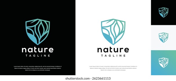 Diseño de logotipo de escudo de seguridad de Naturaleza. Icono de Vector de diseño de logotipo de escudo con hojas.