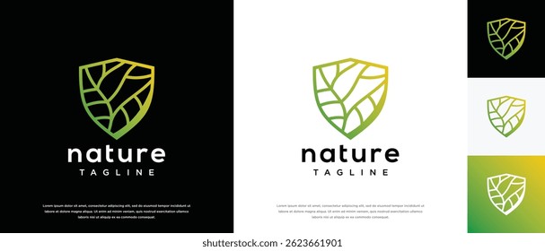 Nature security shield logo design. Shield logo design vector icon with leaves.