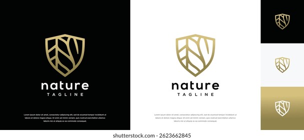 Projeto do logotipo do escudo de segurança da natureza. Ícone de vetor de design de logotipo de escudo com folhas.