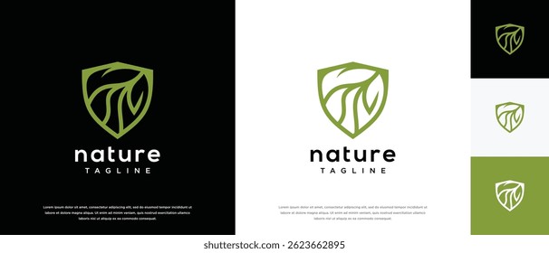 Nature security shield logo design. Shield logo design vector icon with leaves.