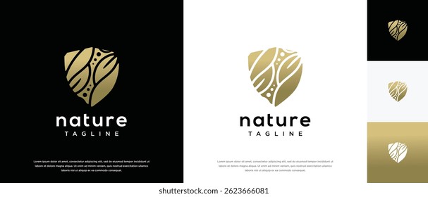 Nature security shield logo design. Shield logo design vector icon with leaves.