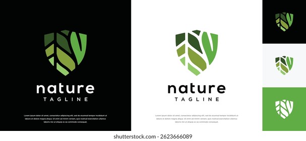  Nature security shield logo design. Shield logo design vector icon with leaves.