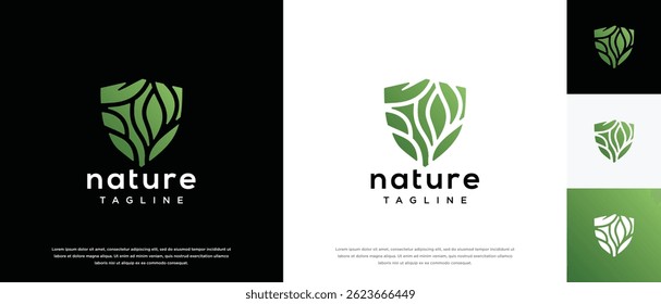 Nature security shield logo design. Shield logo design vector icon with leaves.