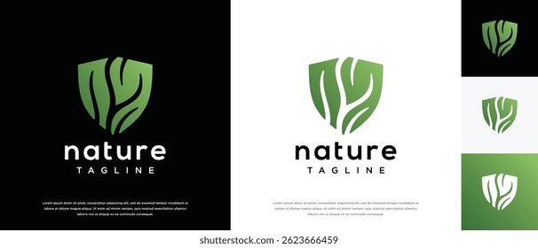  Nature security shield logo design. Shield logo design vector icon with leaves.