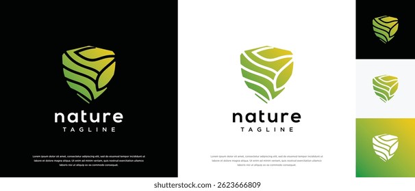 Nature security shield logo design. Shield logo design vector icon with leaves.