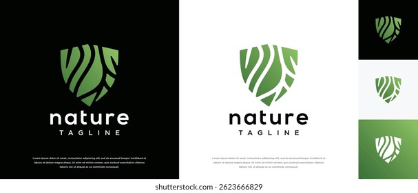  Nature security shield logo design. Shield logo design vector icon with leaves.