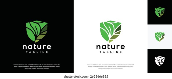 Nature security shield logo design. Shield logo design vector icon with leaves.