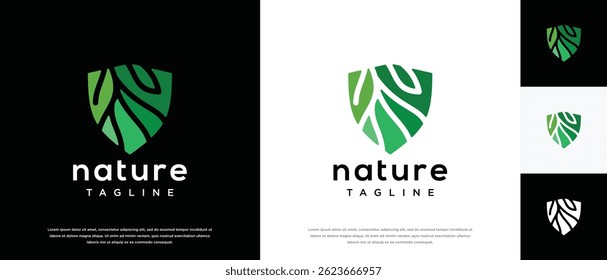  Design des Naturschutzschildes. Schild Logo Design, Vektorsymbol mit Blättern.