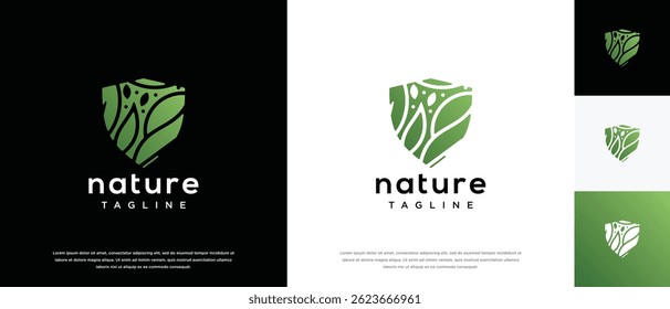 Nature security shield logo design. Shield logo design vector icon with leaves.