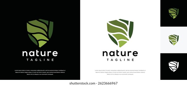  Nature security shield logo design. Shield logo design vector icon with leaves.