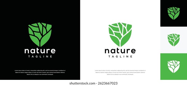 Nature security shield logo design. Shield logo design vector icon with leaves.
