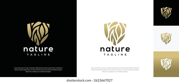 Nature security shield logo design. Shield logo design vector icon with leaves.