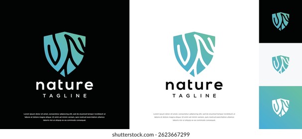  Nature security shield logo design. Shield logo design vector icon with leaves.