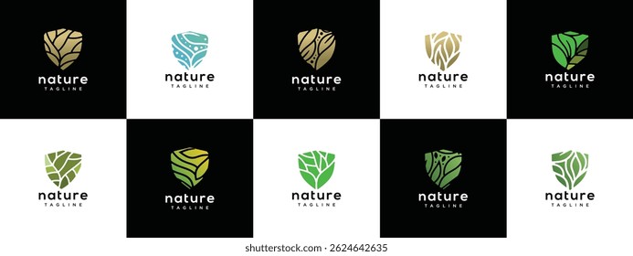 Nature security shield logo design collection. Shield logo design vector icon with leaves.