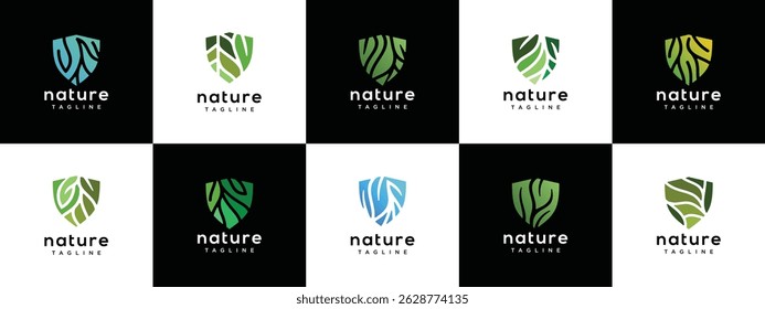 Nature security shield logo design collection. Shield logo design vector icon with leaves.