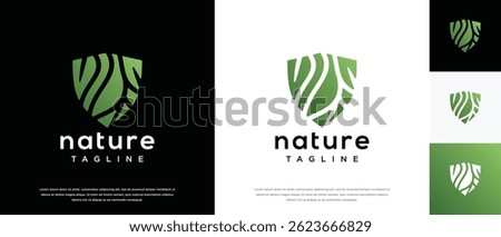  Nature security shield logo design. Shield logo design vector icon with leaves.