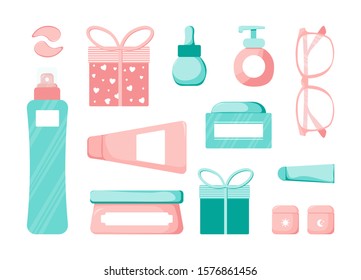 Nature set of Cute skincare cosmetics icon. Beauty woman face nature cosmetic vector illustration. Set for beauty poster, card, web page