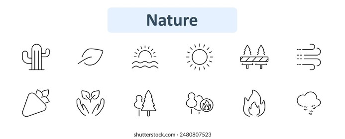 Nature set icon. Cactus, leaf, sunrise, sun, forest, wind, strawberry, plant hands, trees, campfire, flame, snowfall. Environment, ecology, weather, natural elements concept