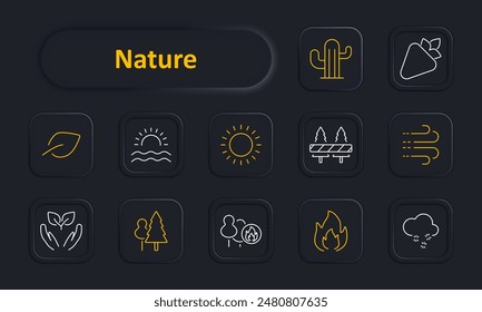 Nature set icon. Leaf, sunrise, sun, forest, wind, fire, strawberry, cactus, mountains, landscape, outdoor. Natural elements, environment, wildlife concept.