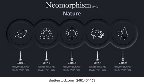 Symbol "Natur festlegen". Blatt, Sonnenaufgang, Sonne, Bäume, Feuer, Umwelt, Wald, im Freien, Pflanzen, Natur, Wildnis, Ökosystem, Flora, Landschaft, Wachstum.