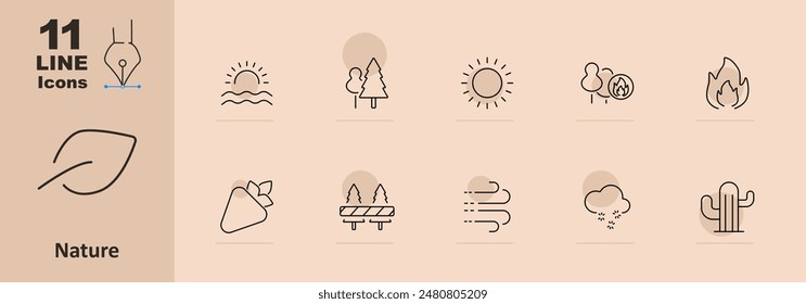 Icono de conjunto de Naturalezas. Amanecer, árboles, sol, fuego, hoja, fresa, bosque, viento, lluvia, Clima, medio ambiente, clima, al aire libre, natural, planta, estaciones, ecosistema, paisaje.