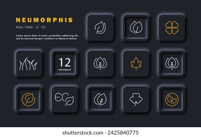 Nature set line icon. Grass, leaves, maple, clover, trees, plants, greenery. Neomorphism style. Vector line icon for business and advertising