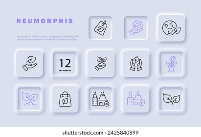 Nature set line icon. Grass, leaves, maple, clover, trees, plants, greenery. Neomorphism style. Vector line icon for business and advertising
