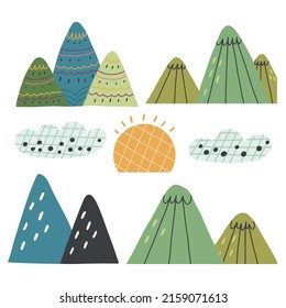Nature set mountains sun clouds hand drawn doodle naive design vector art clipart illustration