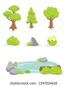 Nature set. Trees, bush, grass, flower, pond. Vector EPS10