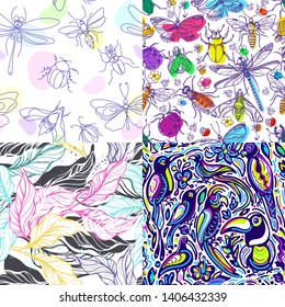 Nature set. Vector seamless pattern. Exotic bird, tropical leaf, graphic jungle, color insect. Rainbow forest Cockatoo, toucan, butterfly Hand drawn paradise summer background Art line print