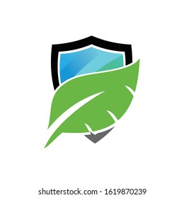 Nature shield vector logo template.Graphic with leaves or tree symbol. Suitable for ecology, farm, protect, guard, environment, recycle and emblem.