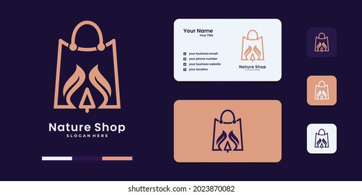Nature shop, bag combined with leaf line art style logo designs template.