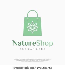 Nature shop, green bag logo design template, vector illustration.