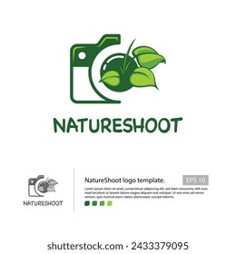 Nature shot logo template with a simple camera and a leaves in the lens for you nature photography logo.