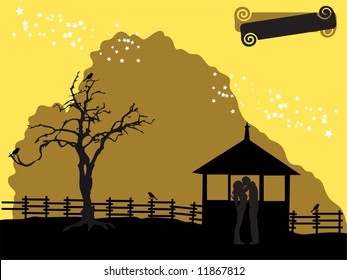 Nature silhouette, house, old tree