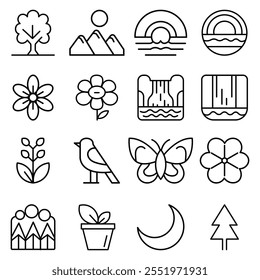 Nature Silhouette Line Art Icon Set - Minimalist Vector Design.ecology,climate,environment, nature icon set