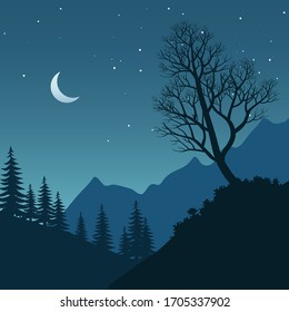 Nature silhouette on beautiful night with moon and stars 