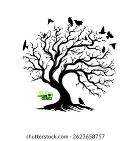 Nature. Silhouette of tree and birds. hand drawn. Not AI, Vector illustration.