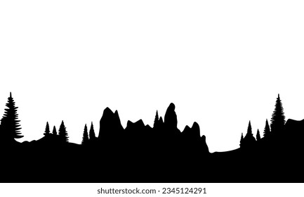 Nature silhouette. Vector illustration. Tree and stone. Hand drawn silhouette.