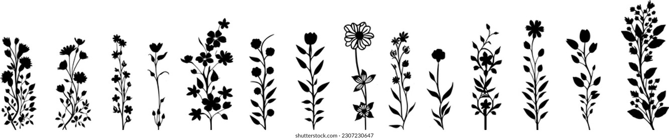 Nature silhouettes: vector set - vines with flowers, plants and leaves