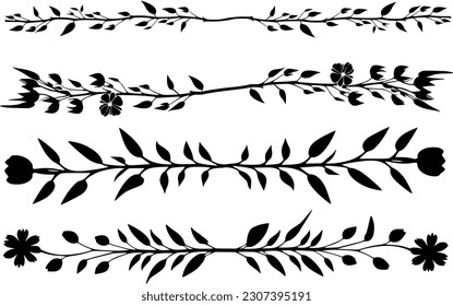 Siluetas naturales: conjunto de vectores - vides con flores, plantas y hojas