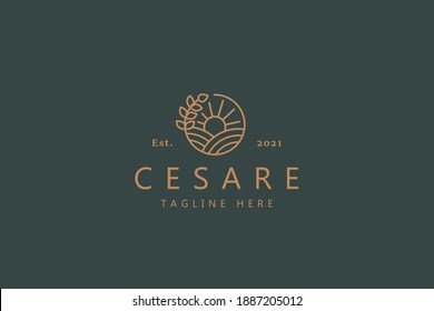 Nature Simple Line Style Logo. Sunrise, Ground, and Plant On The Circle. Premium Vector Badge Logo for Brand Company and Product.