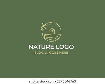 Nature Simple Line Style Logo. Sunrise, Ground, and Plant On The Circle. Premium Vector Badge Logo for Brand Company and Product.