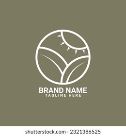 Nature Simple Logo Branding. Sunrise, Ground, and Plant On The Circle. Premium Vector Badge Logo for Brand Company and Product.