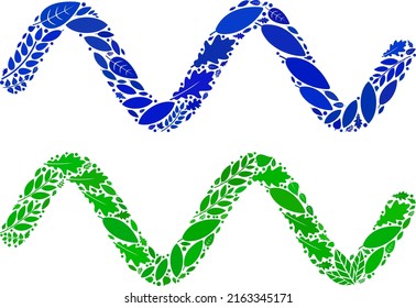 Nature sinusoid wave icon composition of herbal leaves in green and natural color tones. Ecological environment vector template for sinusoid wave icon.