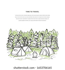 Nature sketch banner vector template with tents, bonfire, mountains, pine forest and space for your text. Touristic camp. Design for web banners, flyer, invitation, poster.